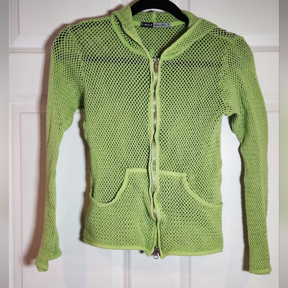 Fibers Barbara Lesser Green Mesh Zip Up Hooded Top Small